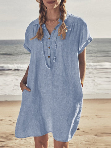 Woochic blouse robe courte boutonnage avec poches manches courtes femme bohème de plage Bleu clair S